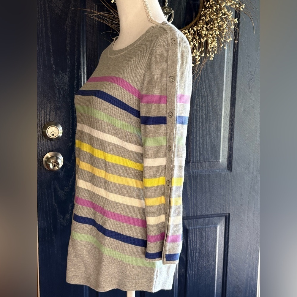 Talbots Gray Sweater Colorful Stripes Faux Buttoned Sleeve Women's Small NWT - Picture 5 of 11